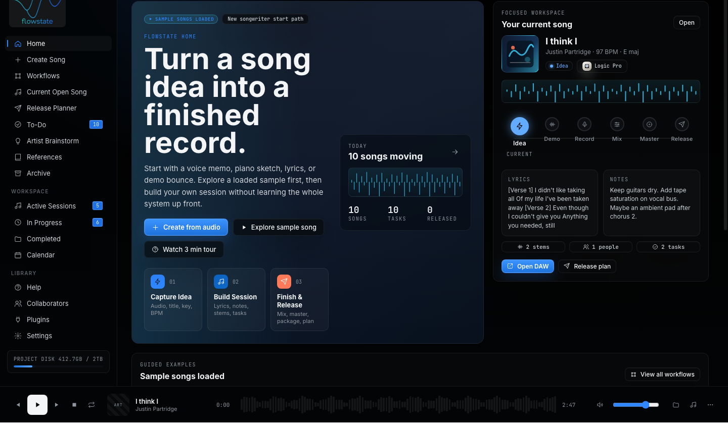 Flowstate home dashboard showing a current song and guided project actions
