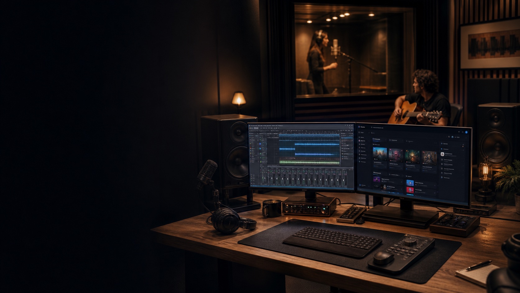 A modern music production workspace with Flowstate open on the studio monitors
