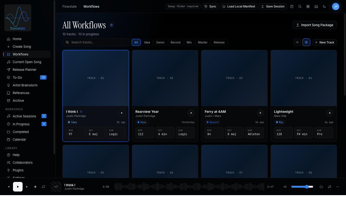Flowstate workflow library with song cards and stage filters